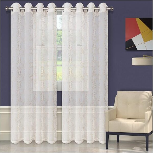 Lightweight Embroidered Imperial Trellis Sheer Stainless Grommets Window Treatment Curtain Panel (Set of 2) 52" x 84" - Champagne