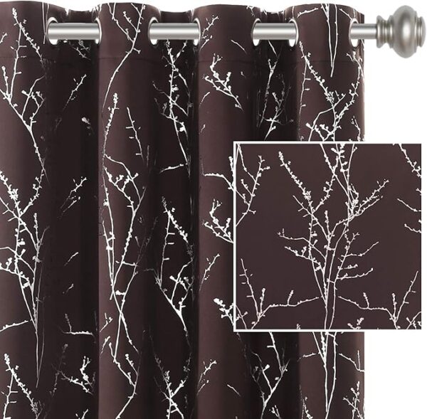 Blackout Curtains for Bedroom Foil Print Twig Tree Branch Thermal Insulated Grommet Curtain Drapes Light Blocking Thick Soft Window Curtains for Living 52 x 63 Inch, 2 Panels, Brown