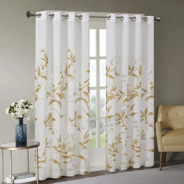 Cecily Semi Sheer SINGLE Panel Window Curtain Burnout Botanical Print, Easy To Hang, Fits up to 1.25" Diameter Rod, 50x84", Leaves Yellow
