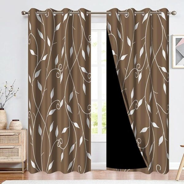 Brown Blackout Curtains for Bedroom Abstract Floral Leaves Plant Lines Window Curtain Insulated Thermal Window Drapes for Living Room Decor Darkening Curtains 2 Panels Set, 42x63 Inch - Image 2