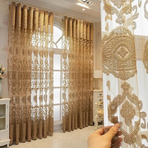 Golden Flower Embroidery Sheer Curtains Villa Luxury Grommet Top Voile Drape for Living Room Curtain Panel Tulle Home Decor 52 inch Wide by 102 inch Long 1 Set of 2 Panels