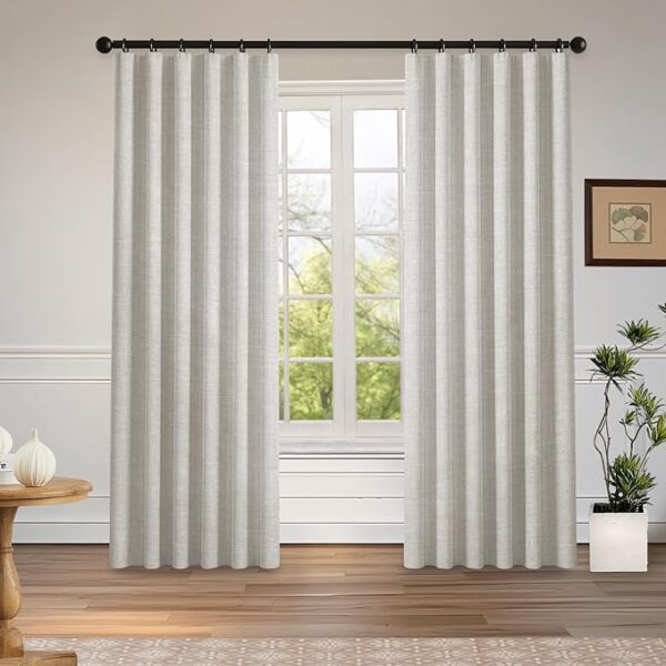 Linen 100% Blackout Curtains for Bedroom Full Light Blocking Curtains, 84 inch Chenille Window Curtain for Living Room with Hooks(2 Panels, Cheese Puff Color)