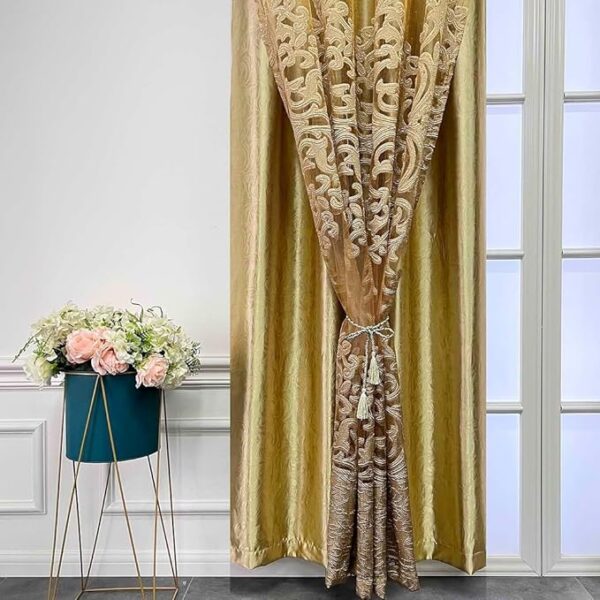 European Luxury Flower Embroidered Brown Curtains Double Layer for Living Room Thermal Insulated Villa Metallic Look Geometric Mix and Match Drapery Grommet Top Window Treatment 2 Panels 52Wx96L inch