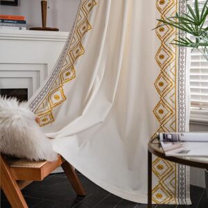 Boho Curtains 2 Panels Set for Living Room,63 Inch Length Embroidery Cotton Linen Rod Pocket Drapes for Bedroom Dining Room(52″ W x 63″ L, Yellow)