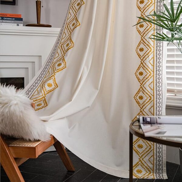 Boho Curtains 2 Panels Set for Living Room,63 Inch Length Embroidery Cotton Linen Rod Pocket Drapes for Bedroom Dining Room(52" W x 63" L, Yellow)