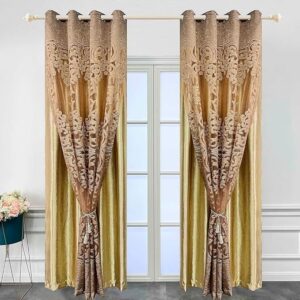European Luxury Flower Embroidered Brown Curtains Double Layer for Living Room Thermal Insulated Villa Metallic Look Geometric Mix and Match Drapery Grommet Top Window Treatment 2 Panels 52Wx96L inch