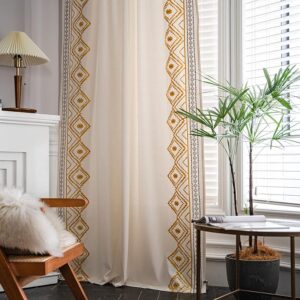 Boho Curtains 2 Panels Set for Living Room,63 Inch Length Embroidery Cotton Linen Rod Pocket Drapes for Bedroom Dining Room(52″ W x 63″ L, Yellow)