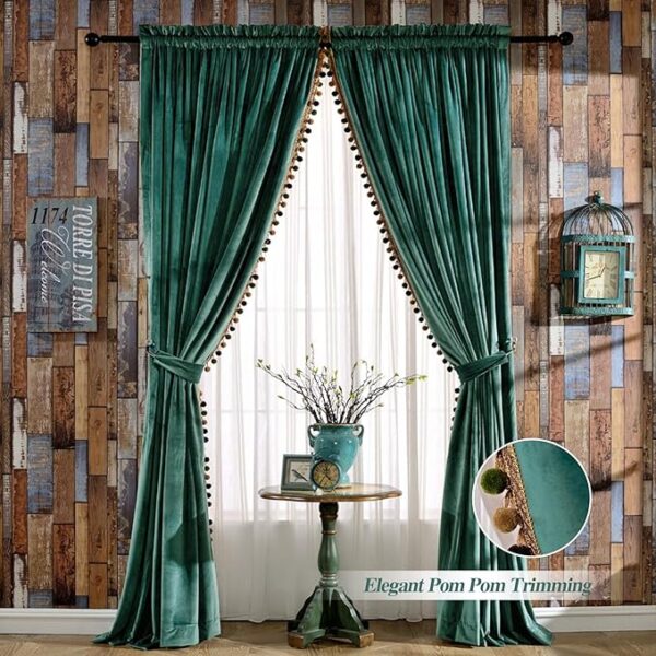 Luxury Pom Poms Velvet Curtains for Bedroom Living Room, Vintage Room Darkening Rod Pocket Window Decorative Drapes, 52" W x 84" L, Antique Green (2 Panels) - Image 2