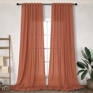 Terracotta Curtains 84 Inch Length for Living Room 2 Panels Back Tab Pocket Drapes Light Filtering Semi Sheer Flax Linen Burnt Orange Brown Red Rust Curtain for Bedroom Boho Farmhouse Decor 52×84 Long