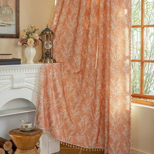 Orange Curtains 96 Inch Length Boho Farmhouse Printed Floral Curtains for Bedroom 2 Panels, Burnt Semi Sheer Vintage Rustic Drapes for Living Room, Rod Pocket Tassel Decor Window Treatment