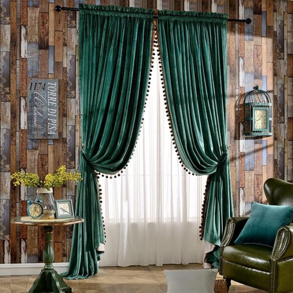 Luxury Pom Poms Velvet Curtains for Bedroom Living Room, Vintage Room Darkening Rod Pocket Window Decorative Drapes, 52" W x 84" L, Antique Green (2 Panels)