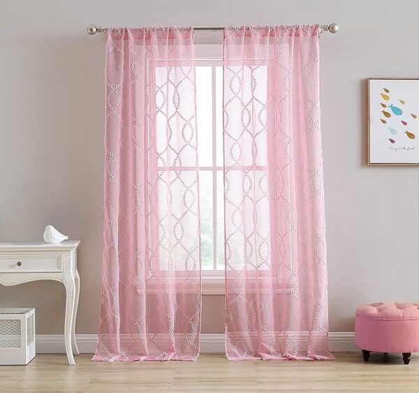 Lattice Sheer Curtains with Rod Pocket, Each Panel Measures 38" W x 84" L, Pink, 2 Panels
