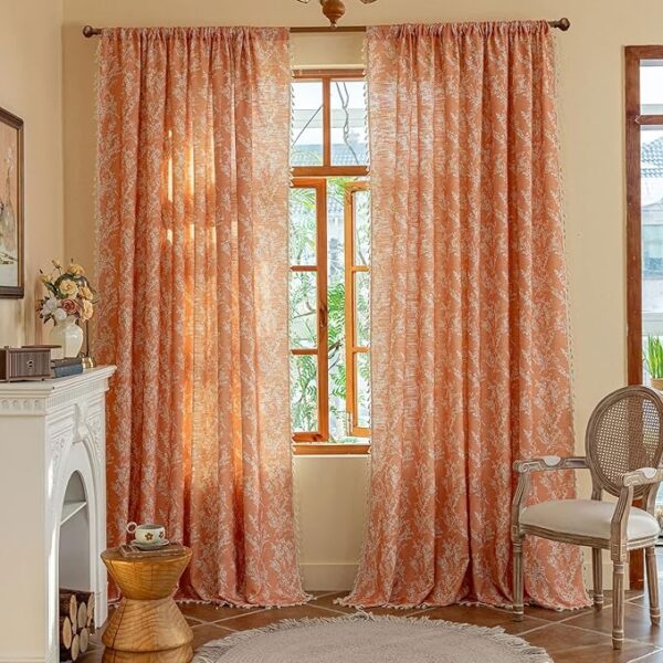 Orange Curtains 96 Inch Length Boho Farmhouse Printed Floral Curtains for Bedroom 2 Panels, Burnt Semi Sheer Vintage Rustic Drapes for Living Room, Rod Pocket Tassel Decor Window Treatment - Image 2